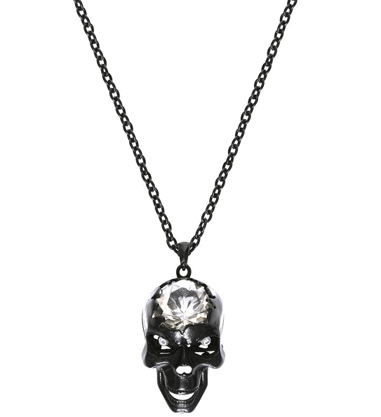 Schedel ketting zilver zwart met zwarte schakelketting en schedelhanger met geslepen glassteen