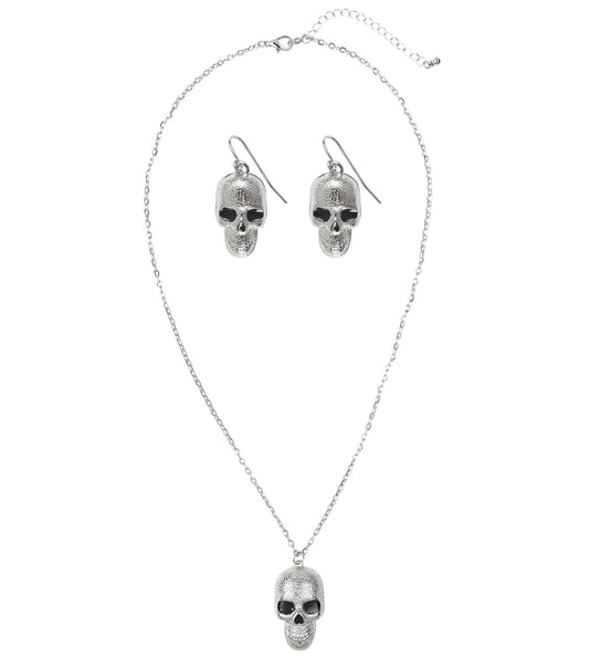 Schedel sieraden set Halloween met zilverkleurige ketting en twee schedeloorbellen