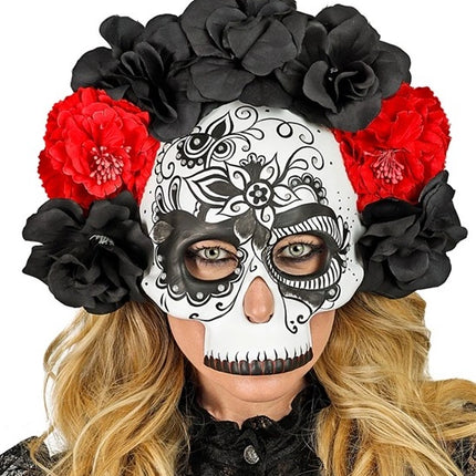 Widmann SRL Schedelmasker dag van de doden met zwarte en rode rozen Noah