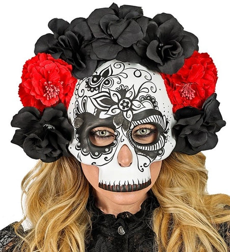 Widmann SRL Schedelmasker dag van de doden met zwarte en rode rozen Noah