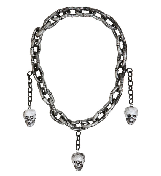Skelet ketting met 3 schedels in zilvergrijs, grove schakels met witte schedels aan zwarte kettinkjes