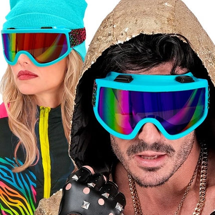 Widmann SRL Ski-bril 80's blauw regenboog luipaardprint Pim