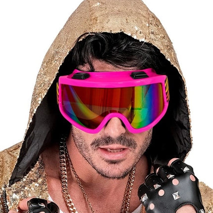 Widmann SRL Ski-bril 80's roze regenboog tijgerprint Anouk