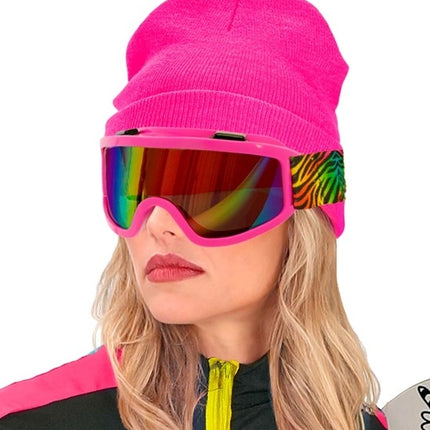 Widmann SRL Ski-bril 80's roze regenboog tijgerprint Anouk