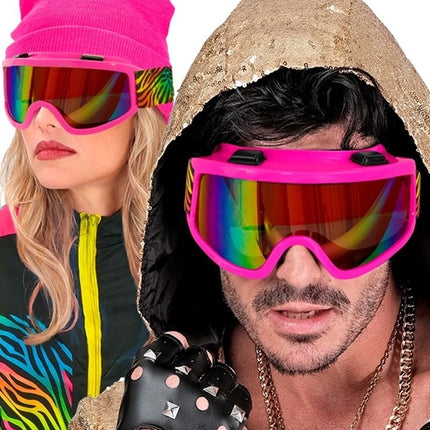 Widmann SRL Ski-bril 80's roze regenboog tijgerprint Anouk