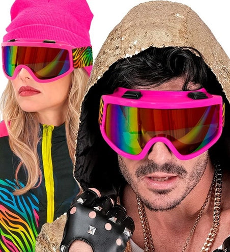 Widmann SRL Ski-bril 80's roze regenboog tijgerprint Anouk