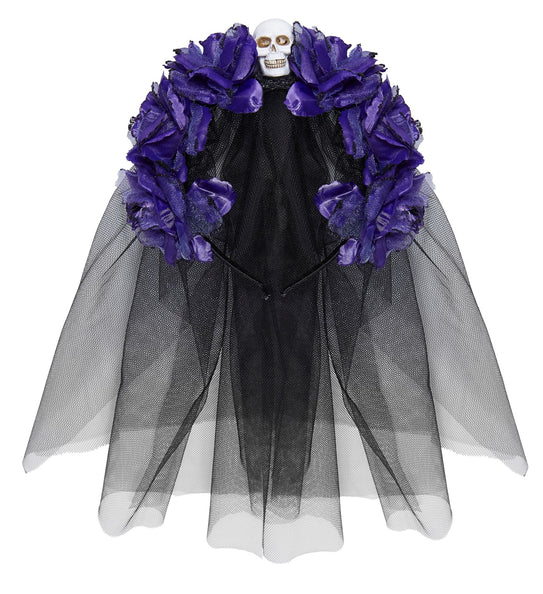 Sluier met paarse rozen voor Halloween, zwarte tule met rozenkrans en wit schedeltje