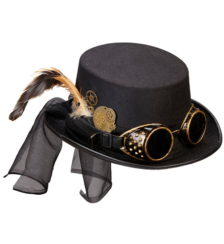 Widmann SRL Steampunk hoge hoed zwart met stofbril