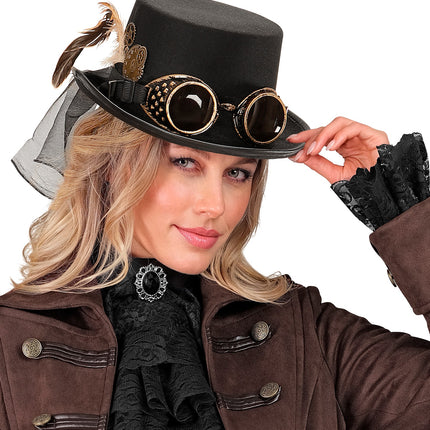 Widmann SRL Steampunk hoge hoed zwart met stofbril