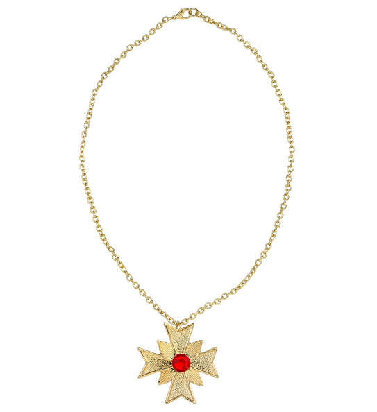 Vampier ketting goud kruis met ronde rode steen en gouden schakelketting met karabijnsluiting