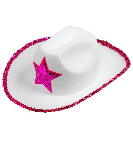 Widmann SRL Witte cowboyhoed met roze paillettten ster