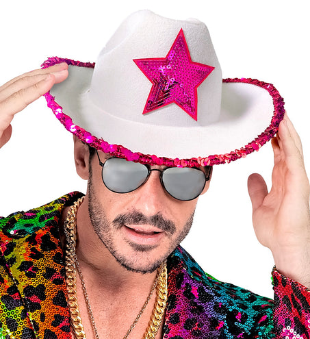 Widmann SRL Witte cowboyhoed met roze paillettten ster