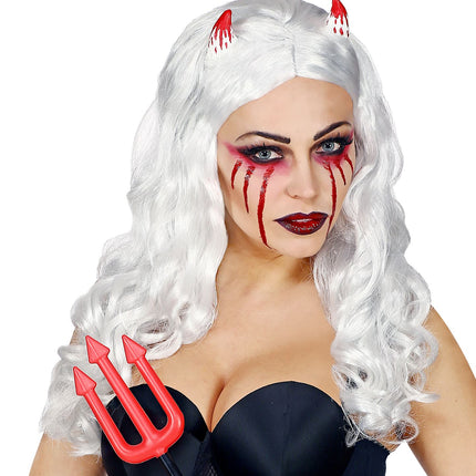 Widmann SRL Witte lange pruik met bebloede hoorntjes