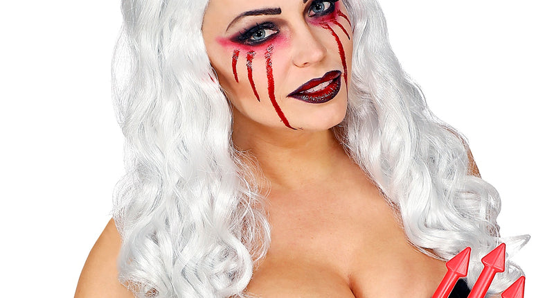 Widmann SRL Witte lange pruik met bebloede hoorntjes