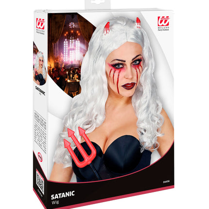 Widmann SRL Witte lange pruik met bebloede hoorntjes