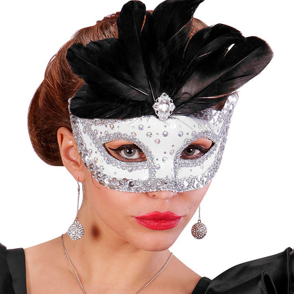 Widmann SRL Zilveren oogmasker met zwarte veren