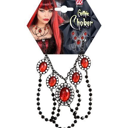 Widmann SRL zwarte choker met 5 rode stenen