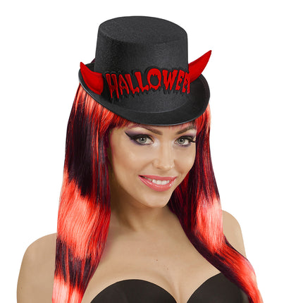 Widmann SRL Zwarte hoge hoed Halloween met duivel hoorntjes