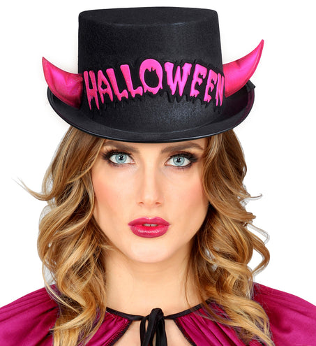 Widmann SRL Zwarte hoge hoed Halloween met roze duivel hoorntjes