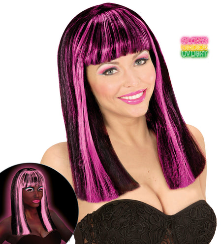 Widmann SRL Zwarte pruik met neon roze strepen