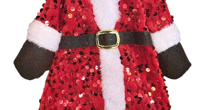 Wijnfles cover Kerstman in rood met pailletten, witte bontranden en zwarte riem met gouden gesp