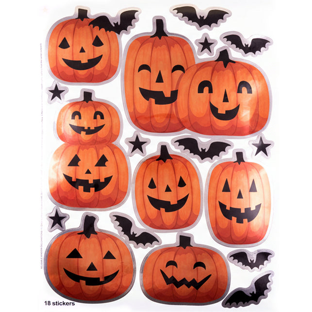 Windowstickers pompoen: vel met oranje pompoenkoppen, zwarte vleermuizen en sterren voor Halloween