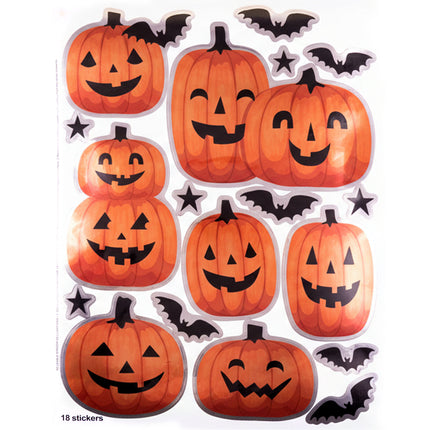 Windowstickers pompoen: vel met oranje pompoenkoppen, zwarte vleermuizen en sterren voor Halloween