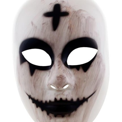 Wit PVC gezichtsmasker griezelnon met zwart omrande ooggaten en gezaagde mondlijn