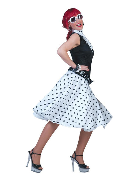 Wit stippenrokje met zwarte polka dots en bijpassende sjaal voor dames, voor een jaren 50-feest