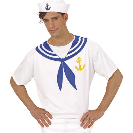 Wit zeemansshirt met korte mouwen en geknoopte blauwe kraagpunt voor een themafeest