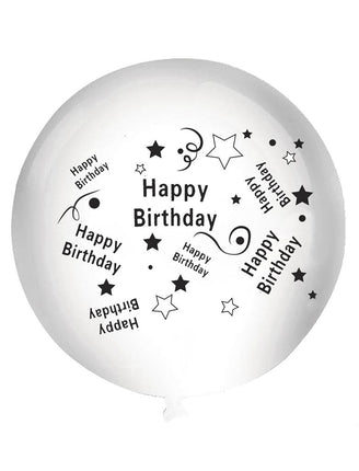 Witte happy birthday ballon van 92 cm met zwarte opdruk, sterren en krullen rondom