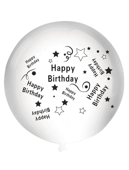 Witte happy birthday ballon van 92 cm met zwarte opdruk, sterren en krullen rondom