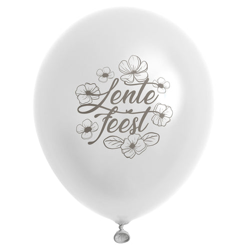 Witte lentefeest ballon met grijsbruine bloemen en sierletters