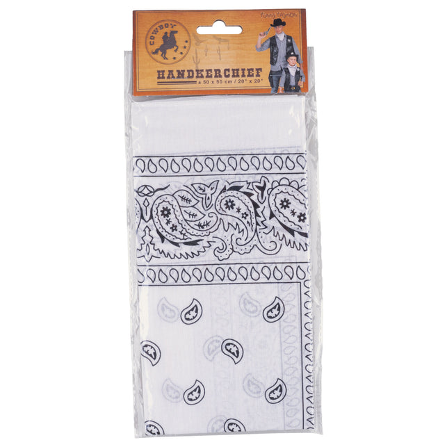 Witte paisley bandana van Funny Fashion in cowboyverpakking, 50 x 50 cm