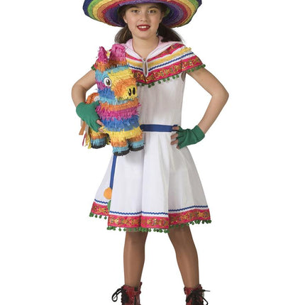 Witte Peruviaanse jurk met kap, gecombineerd met kleurrijke accessoires voor een themafeest