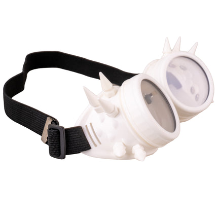 Witte steampunk goggles zijaanzicht met puntige spikes en verstelbaar schuifje op de band