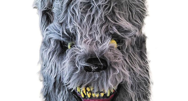 Wolvenmasker halloween in grijs met gele ogen, zwarte snuit en open muil met tanden
