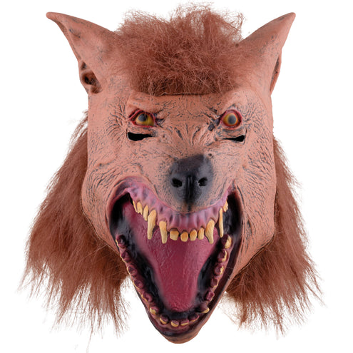Wolvenmasker van voren met gele ogen, zwarte neus en spitse oren voor Halloween