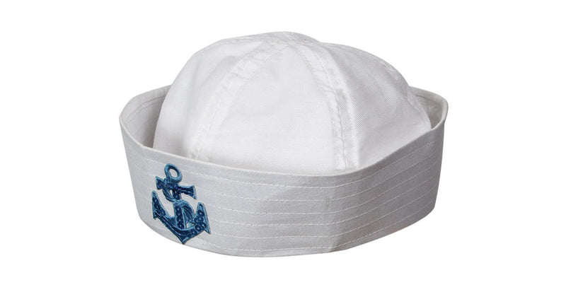 Zeemans muts met anker in wit, met blauw ankerembleem van pailletten op de doorgestikte band