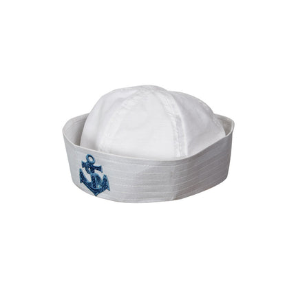Zeemans muts met anker in wit, met blauw ankerembleem van pailletten op de doorgestikte band