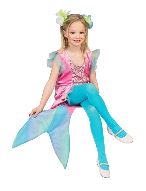 Zeemeermin jurkje voor kinderen in roze met zilveren schubbenpaneel en blauwgroene staartvin, voor carnaval