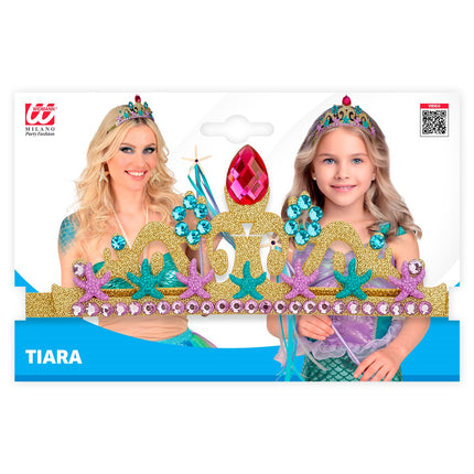 Zeemeermin tiara in verpakking, goudkleurige glitterkroon met zeesterren voor dames en meisjes