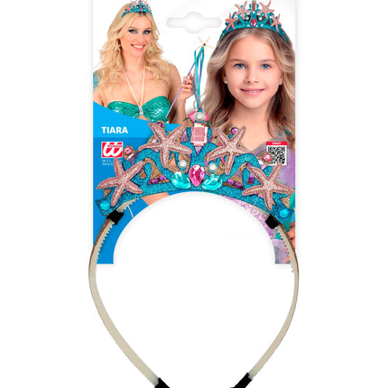 Zeemeermin tiara in verpakking, turquoise glitterkroon met vijf roze zeesterren