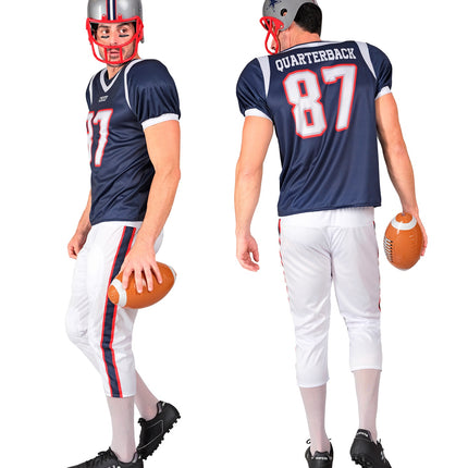 Zij- en achteraanzicht quarterback kostuum heren met donkerblauwe, rood afgezette streep langs de broek