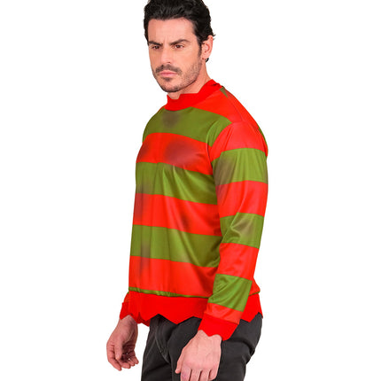 Zijaanzicht van het gestreepte fright night shirt heren met lange mouwen en rode boorden