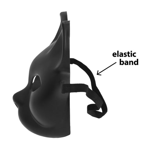 Zijaanzicht van het zwarte kattenmasker met elastiek voor bevestiging achter het hoofd