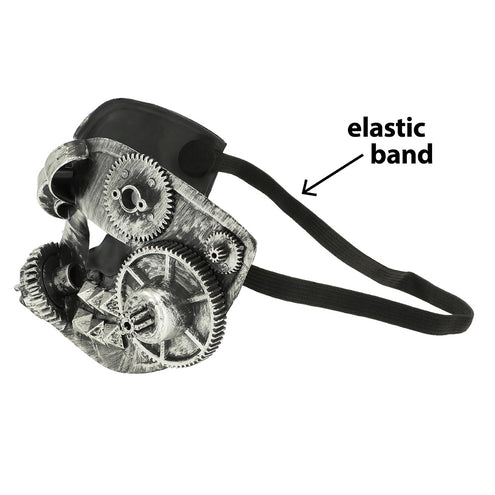 Zijkant van het oogmasker Steamgear met zwart elastiek en groot tandwiel