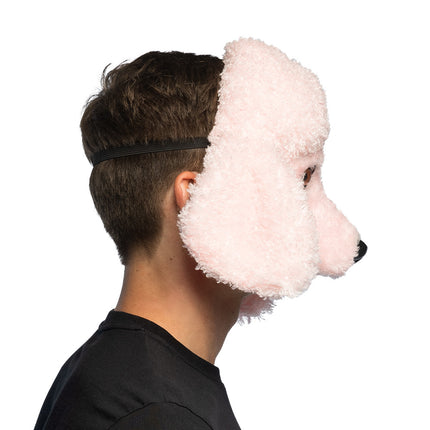 Zijkant van het pluchen poedelmasker met zwarte elastieken band achter het hoofd