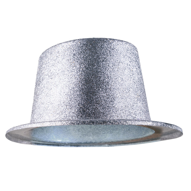 Zilveren hoge hoed met glitters van opzij, met effen zilverkleurige binnenzijde onder de opgebogen rand