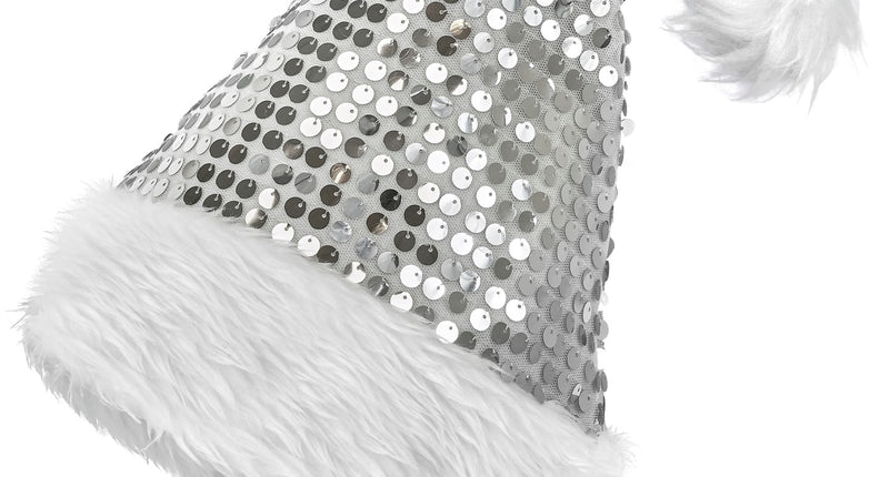 Zilveren kerstmuts met ronde pailletten, witte pluche rand en pluimpje voor Kerst